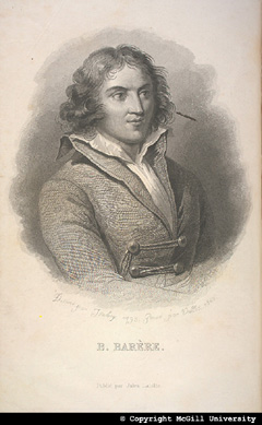 B. Barère. Dessiné par Isabey, 1793. Gravé par Vallot