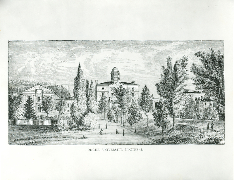 Sketch of the campus in 1875 with Arts, Gatehouse, Observatory, and Presbyterian College