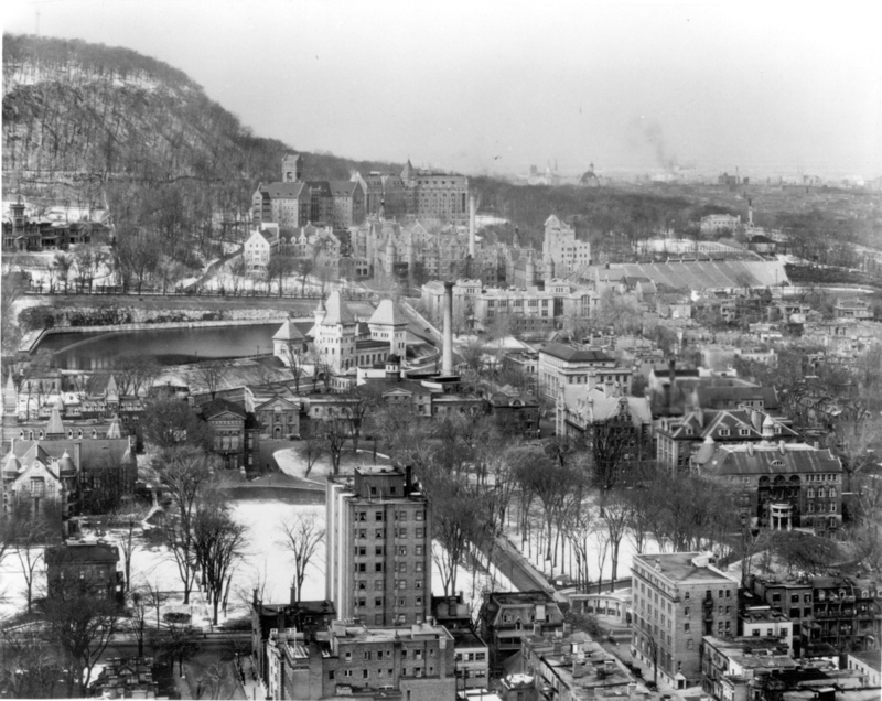 Aerial view of McGill campus and Royal Victoria Hospital