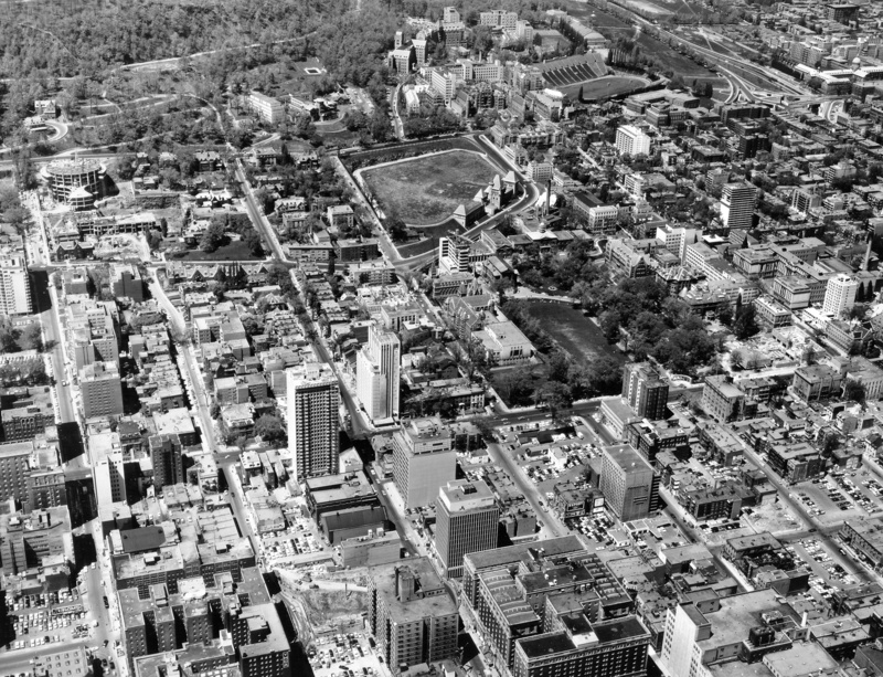 Aerial with Leacock, Union, Stewart Biology, and McIntyre under construction (1964)
