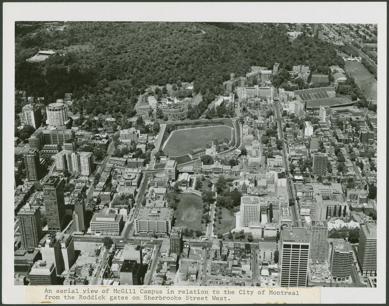 Aerial of campus with McLennan, Burnside, and Bronfman (1971)