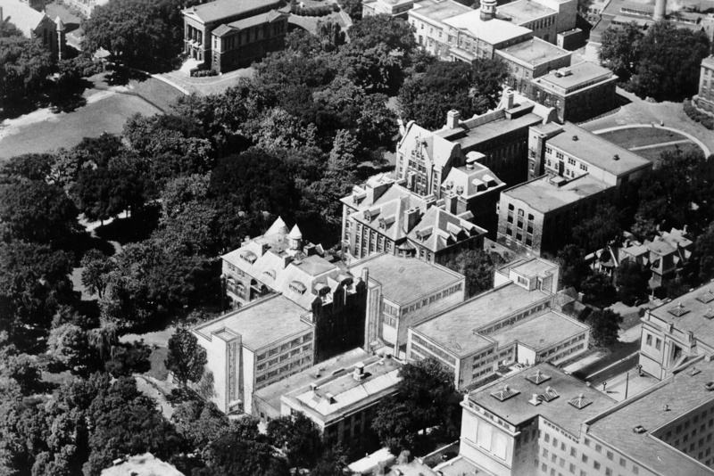 Sketch for proposed F.D. Adams Building combined with photo of east campus (1950)