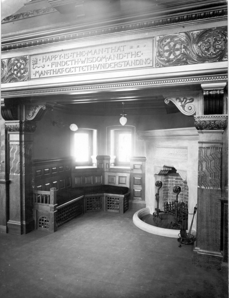 Redpath Library interior, fireplace with motto