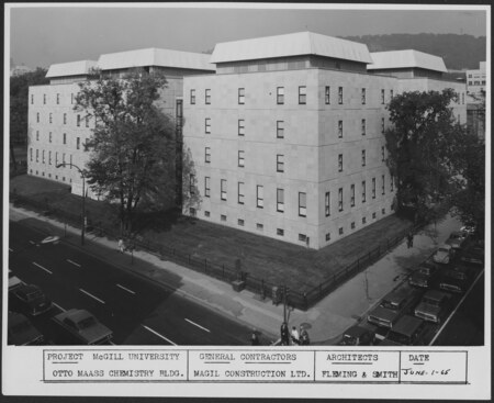 Named after a prominent Chairman of the Department of Chemistry who was active in research during World War II, the Otto Maass Chemistry Building was built between 1964 and 1966. It was the last of the campus projects completed by the firm of Fleming and Smith, which was also responsible for the Physical Sciences Centre (now the Frank Dawson Adams Building) and the McConnell Engineering Building. This large structure at the northwest corner of Sherbrooke and University replaced some tennis courts and the Workman House, a Square Mile style abode donated to McGill by Lord Strathcona in 1904 and used for years by the Faculty of Music. It is just south of the Pulp and Paper Research Institute designed by Percy Nobbs in 1927 and connects, underground, to Burnside Hall which overshadows it to the west.

In the 1960s, functionality replaced ornament and the structure of the building itself served as the only decor. The Otto Maass Chemistry Building, which has five storeys including the basement, follows this formula. It is divided into four blocks, each of slightly different dimensions, arranged in an L-shape; three are along Sherbrooke Street and one stretches up University Street. The large units are connected by smaller, glass-walled staircase sections. The two sides of the L-shaped wings frame a terrace above ground, under which there are basement classrooms and storage rooms. The first floor of the middle block is the main entrance and also contains the largest lecture theatre which extends into the basement and can seat almost 250 students. On the floors above this level are offices and smaller classrooms. In the other three units, all of the above ground floors are dedicated to various labs and work areas. The building provides a maximum of research and lab space while trying to blend with the older edifices around it such as the Pulp and Paper Institute.

The exterior of Otto Maass is of Queenston limestone which covers the thick, supporting, concrete walls. This was the last McGill project to feature real stone, not just concrete, on the exterior. The fenestration is regular on all sides of each unit, but is broken by the glassed in stairwells. These rows of widely-spaced, small windows provide pattern to the exterior and are the only decor of the building, unlike the picturesquely placed windows of the Macdonald Physics Building nearby. The small windows combined with the blank stone exterior and the proportions of each block give the building a sturdy, rather heavy appearance. On the interior, the size of the windows does not provide enough natural light to the building and so fluorescent light is used throughout, making the interior seem controlled and cold. The concrete walls hold concrete beams which reach to the centre of each block and support the concrete floors. The core of each block is actually an open shaft that acts as ventilation for the fume hoods in the labs. Each unit is topped by a steel penthouse that contains mechanical equipment.