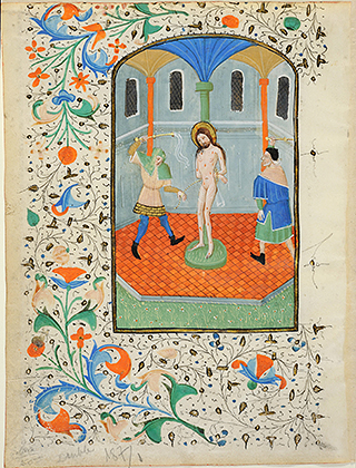 MS 187. Flagellation of the Christ. Two leaves from a manuscript Book of Hours. Flemish, c. 1425-1450