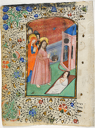 MS 189. The Raising of Lazarus. Two leaves from a manuscript Book of Hours. Flemish, c. 1450