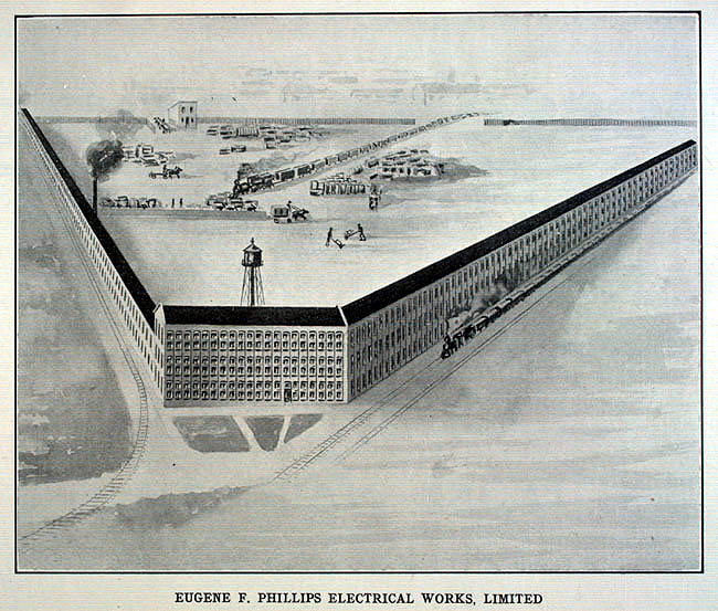 Stylized illustrtation of the Phillips Electrical Wroks from the turn of the century; from Montreal: The Commercial Metropolis of Canada and the History of the Gazette 1778-1907 (Montreal: Gazette Printing, 1907), 274.