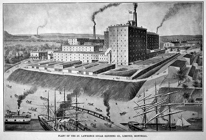 Illustration of refinery from 1903; from Ernest Chambers, The Book of Montreal: a Souvenir of Canada's Commercial Metropolis (Montreal: Book of Montreal, 1903), 125.